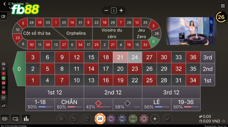 Cược Roulette FB88 theo hình góc vuông